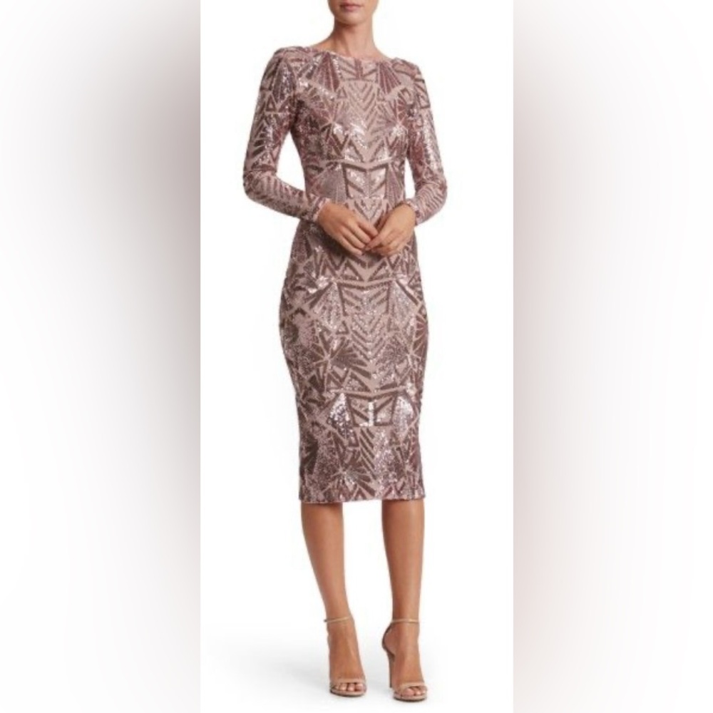 🌹 Dress the Population Emery Long Sleeve Sequin Cocktail, Blush Nude, Dress, XL - Picture 2 of 7